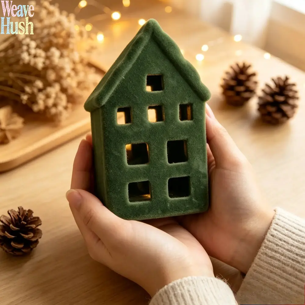 Dark Green Velvet Flocked Hollow House Tealight Candle Holder, Cottage Style Candle Lantern, Cozy Christmas Village Decor, Winter Table Centerpiece For Mantel, Shelf, Farmhouse Living Room & Holiday Home Styling