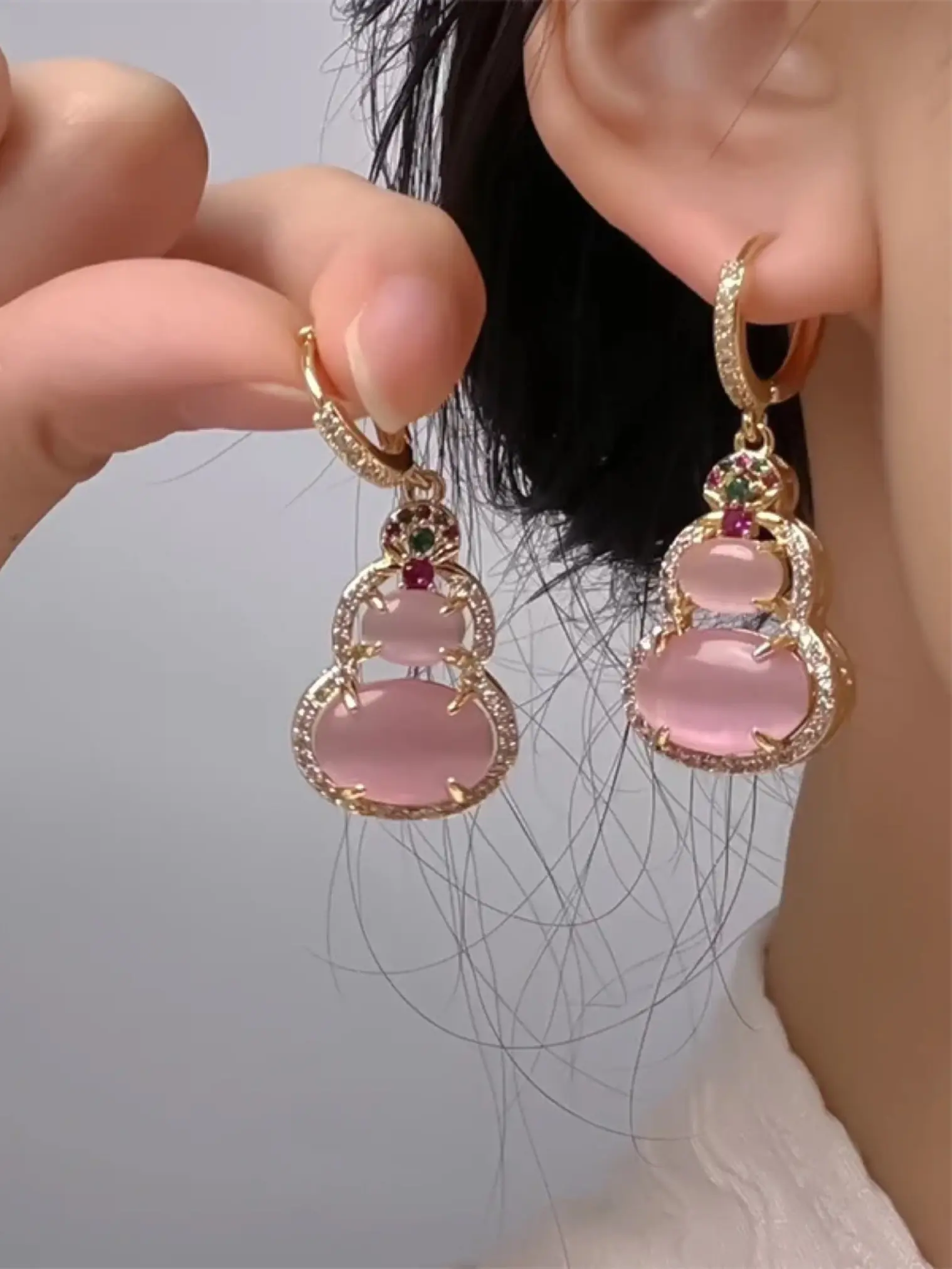 New Traditional Style Cat Eye Stone Gourd Earrings, Copper Material, Colorful Gems, Zircon, Hanfu Daily Wear, Birthday Gift