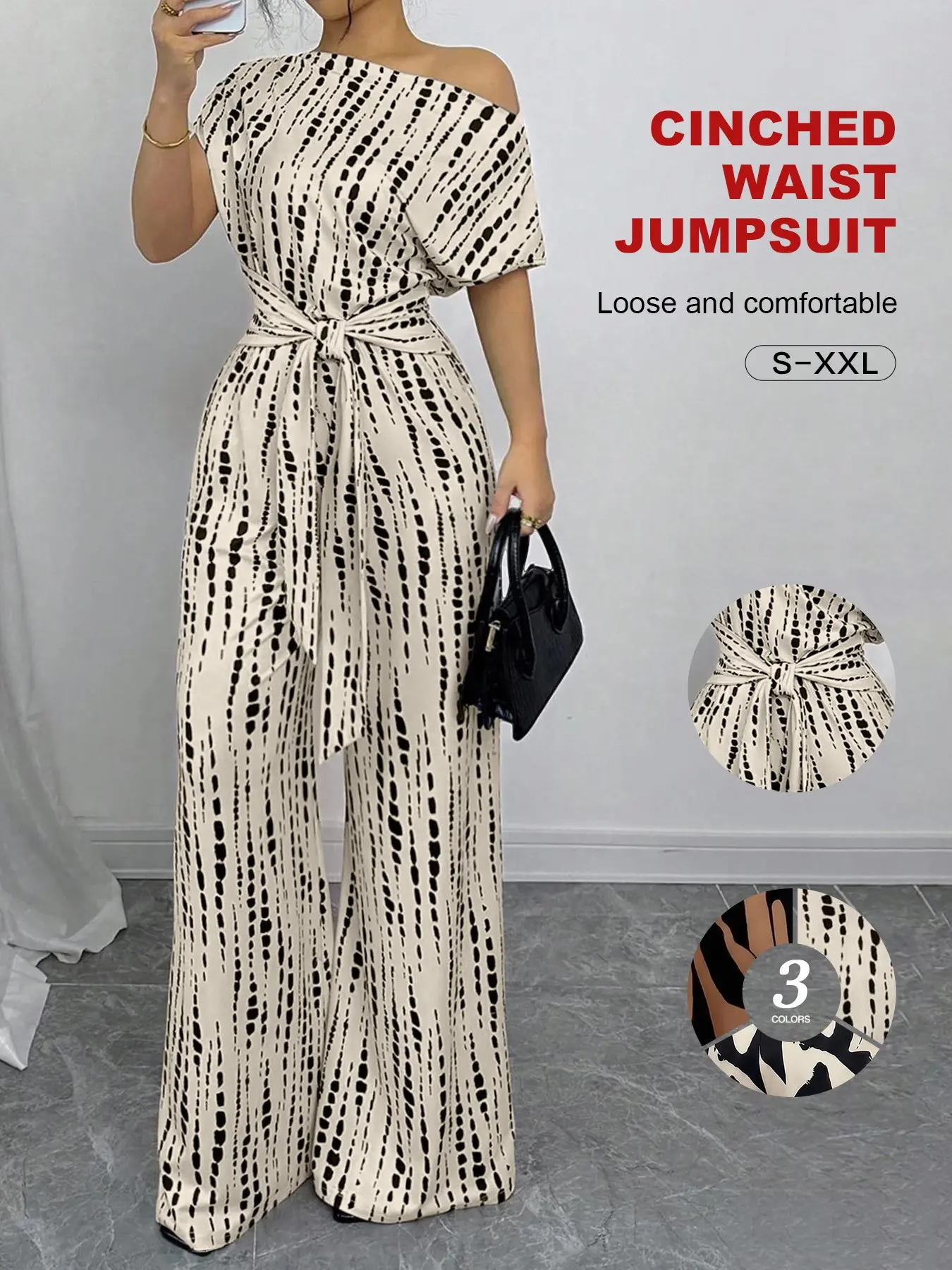 Women Printed One Shoulder Jumpsuit, Short Sleeve, Self Tie Waist, Elastic Back, Wide Leg, Lightweight, Fit, Casual Fashion