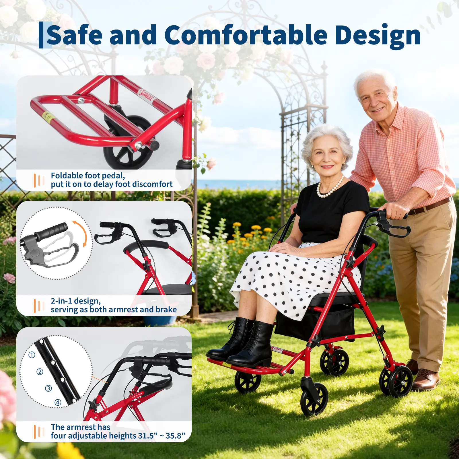 Lightweight Folding Rollator Walker for Seniors and Adults – Adjustable Height, Padded Seat, Foot Pedal, Underseat Storage, 6'' Wheels, 299lb Capacity, Portable Mobility Aid