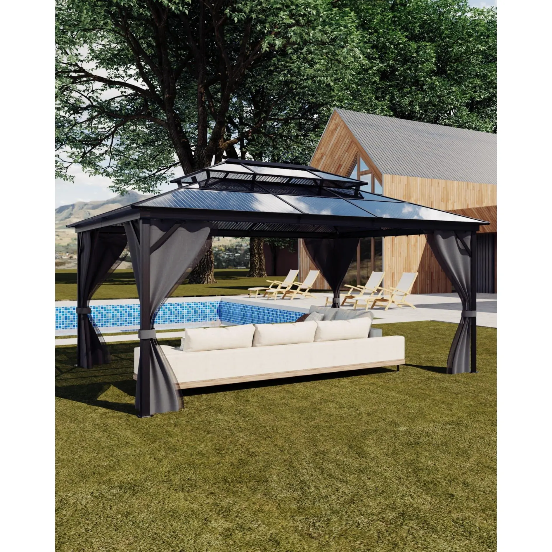 Spacious Hardtop Gazebo 12x16 FT - Double Polycarbonate Roof, Aluminum Alloy Frame, Weather-Resistant Pavilion with Curtains & Netting for Patio, Deck, Backyard, Lawn, and Garden
