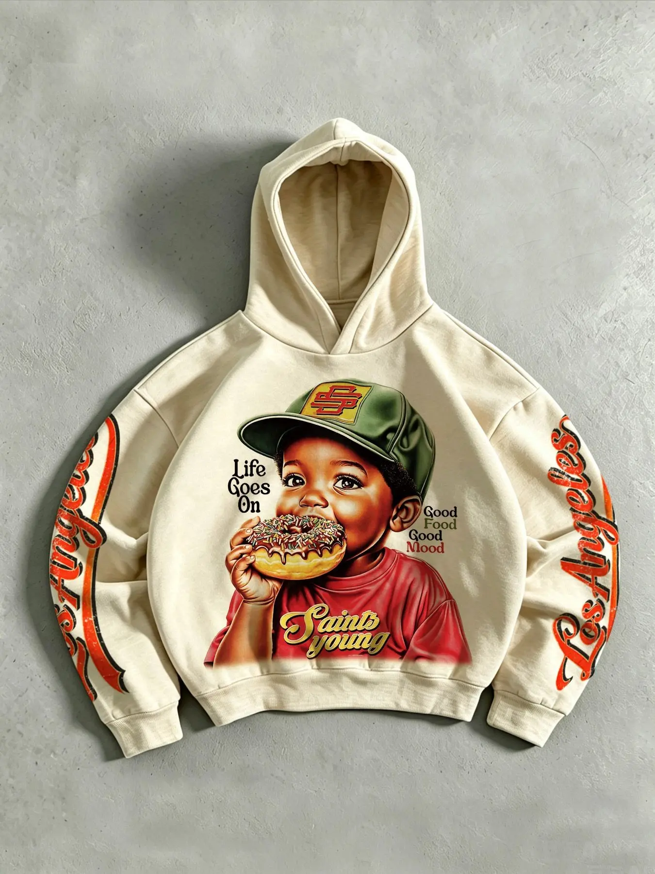 "Los Angeles Black Child Eating Donut" Men's Hoodie – Unisex, cropped style for Autumn/Winter; features "Los Angeles" sleeve print and a retro-style portrait graphic; loose, streetwear-inspired fit.