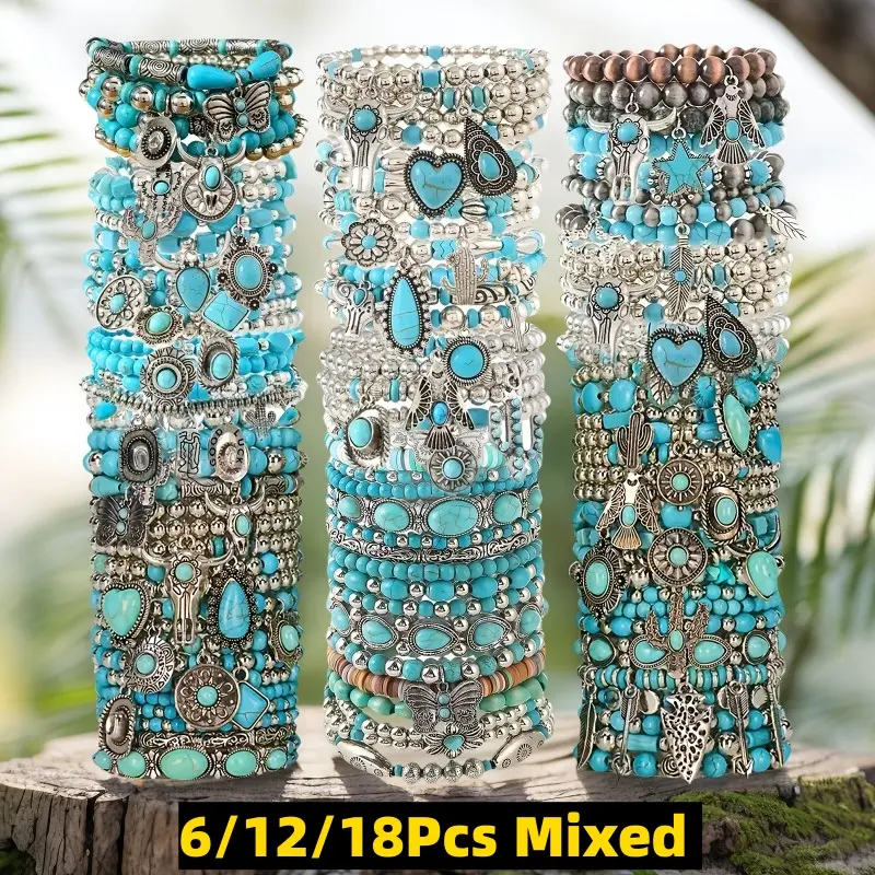 Turquoise Beaded Bracelet Set, 6-18Pcs Bohemian Stacking Jewelry, Unisex Western Style Multilayered Matching Sets for Everyday Wear, Turquoise Jewelry
