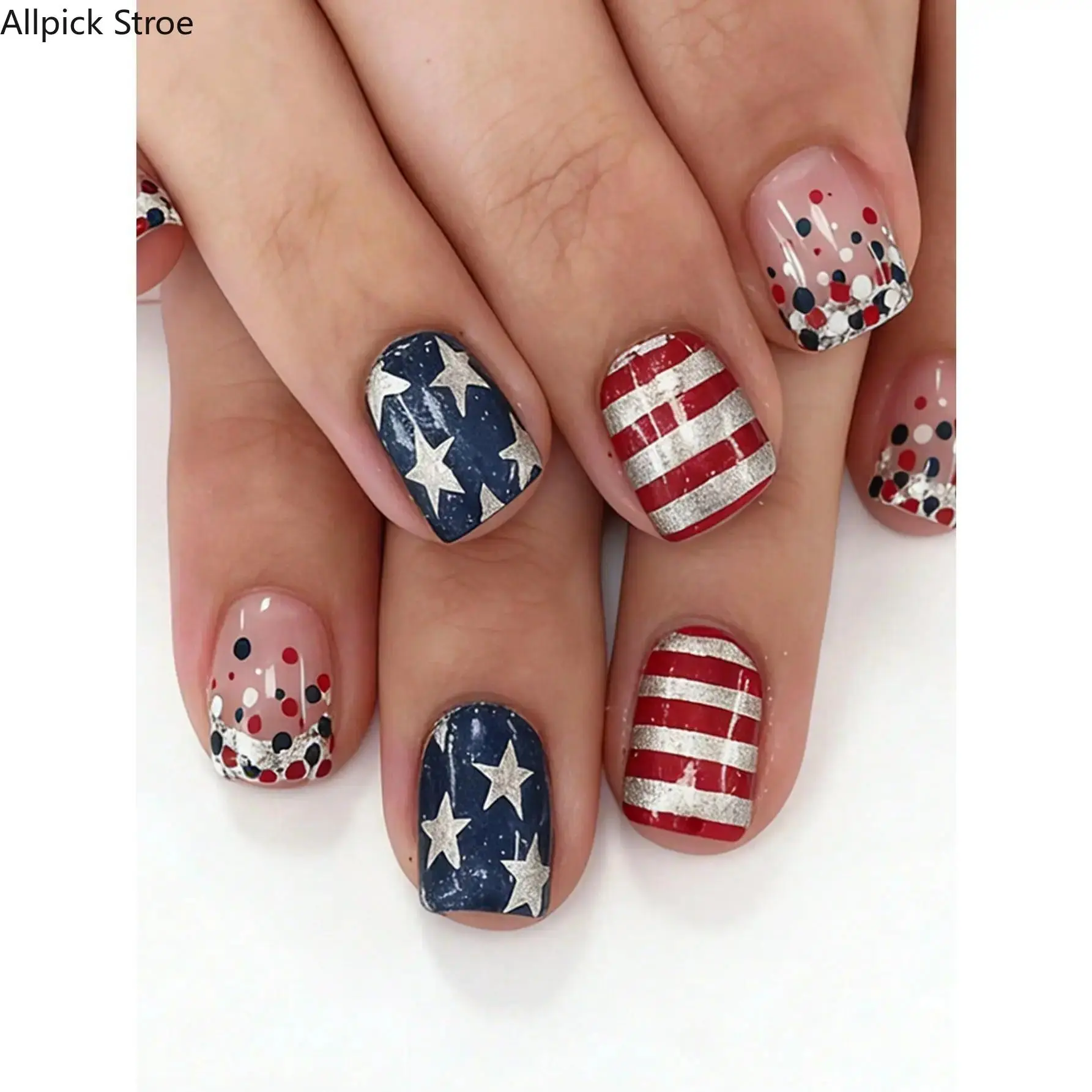 24PCS 4th of July Press On Nails – Short Square Patriotic Fake Nails Set, Red White Blue Glitter Stars & Striped French Tips Nail Art for Women