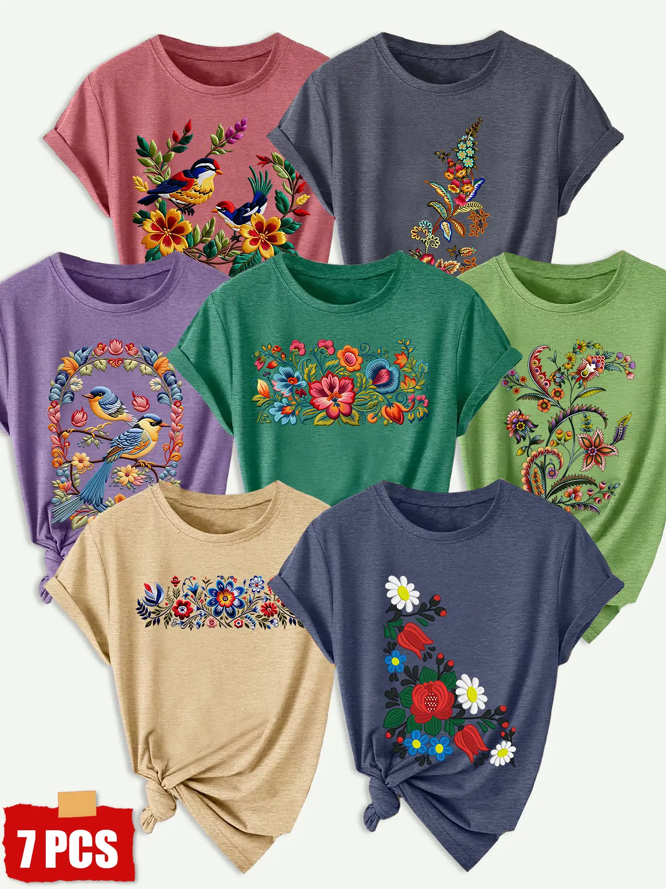 7Pcs Women Crew Neck T-shirt, Ethnic Colorful Floral Bird Flower Retro Oil Painting Print, Soft Girly Casual Spring Summer Daily Top Suit