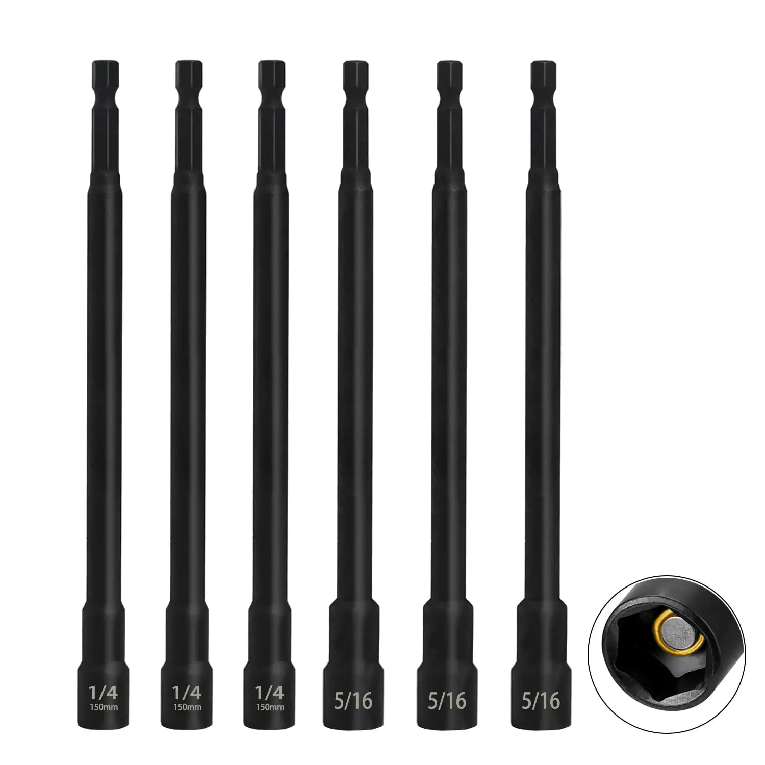 6 count 6 Inch Long  Nut Driver Set with 1/4" Hex Shank, SAE 1/4" and 5/16"  Power Nut Driver Drill Bit Cr-V Steel Black Manganese Phosphate Coating  Drill Driver Bits