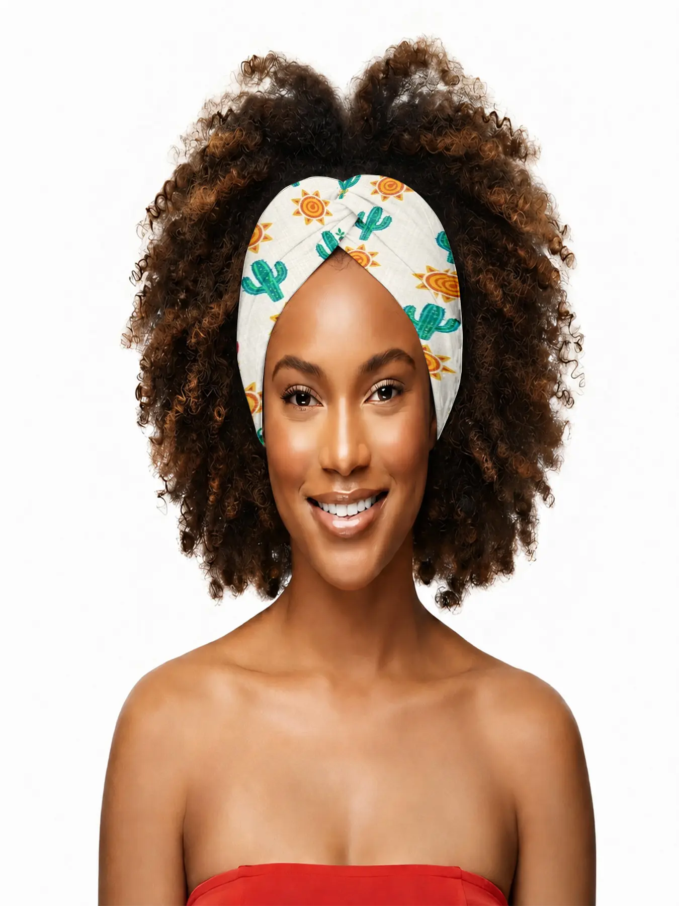 Headband for Women – Vibrant Cactus, Chili Pepper & Sunburst Pattern on Cream – Ideal for Desert-Themed Parties, Summer Festivals, Southwestern Style, Casual Outings & Boho Fashion Looks