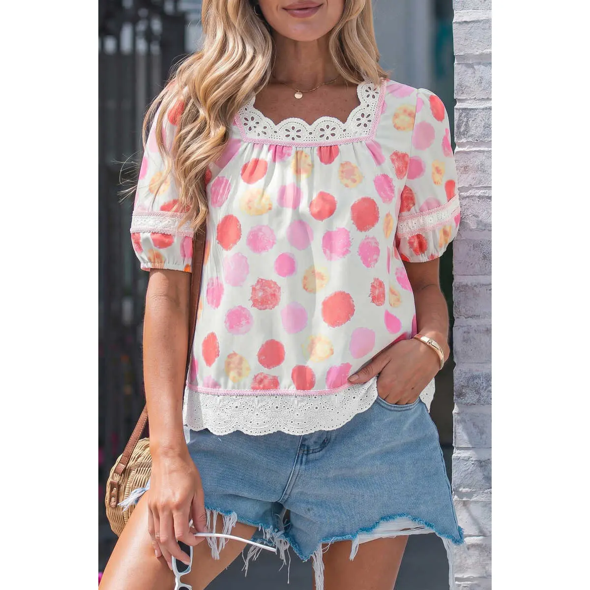Women's Feminine Cute Pink Polka Dot Lace-Trim Square Neck Puff-Sleeve Blouse, Lady-Focused Matching Top, Shortsleeve, Pastel Whimsy, Print, Soft, Polka Dot Tops