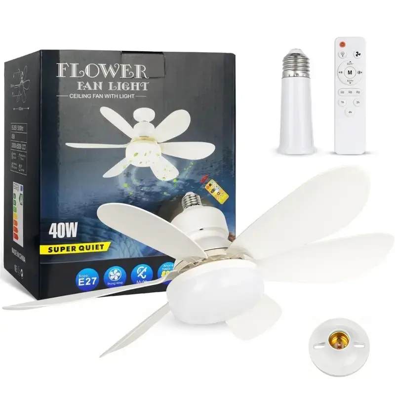 40W E27 Socket Flower Fan Light with Remote Control, Super Silent 5 Retractable Blades LED Ceiling Fan Lamp, Dimmable 3 Wind Speed Timer Adjustable Light Fixture for Bedroom Kitchen Small Room