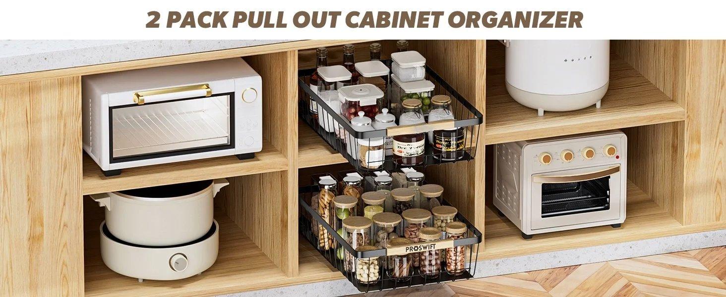 THE WELL KEPT Pull Out Cabinet Organizer 2 Pack, Slide Out Drawers for Kitchen Cabinets, Cabinet Drawers with Adhesive Nano Glue for Bathroom, Living Room, Kitchen Clutter Organization