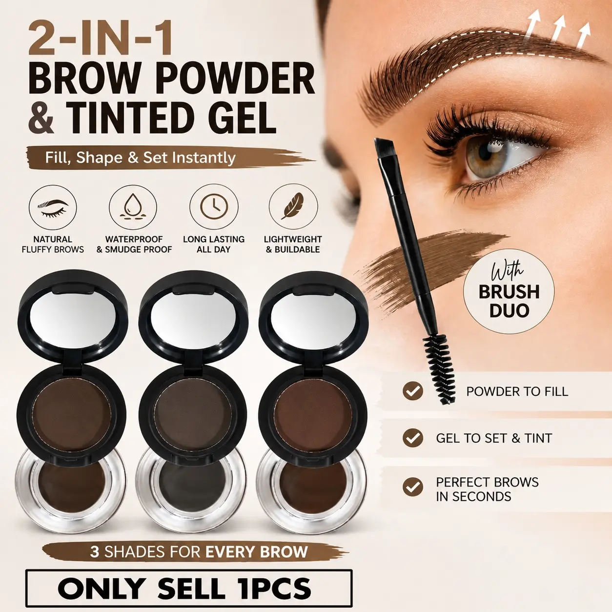2-in-1 Brow Gel + Powder, Instant Fluffy Natural Brows, Waterproof Smudge Proof Eyebrow Mascara with Brush, Long Lasting Easy Brow Makeup