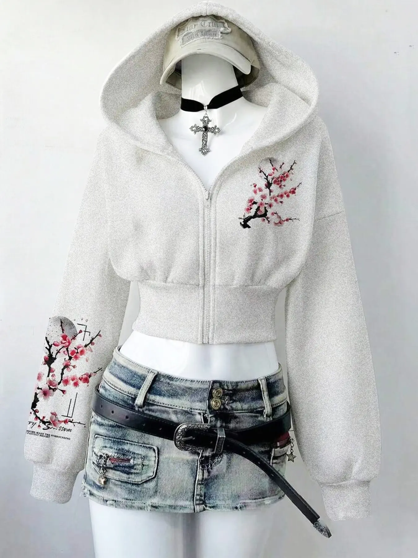 New Traditional Style Plum Blossom Short Zipper Hoodie, Hot Girl High Waist Exposed Belly Open Front Coat, Trendy Fashion Outerwear