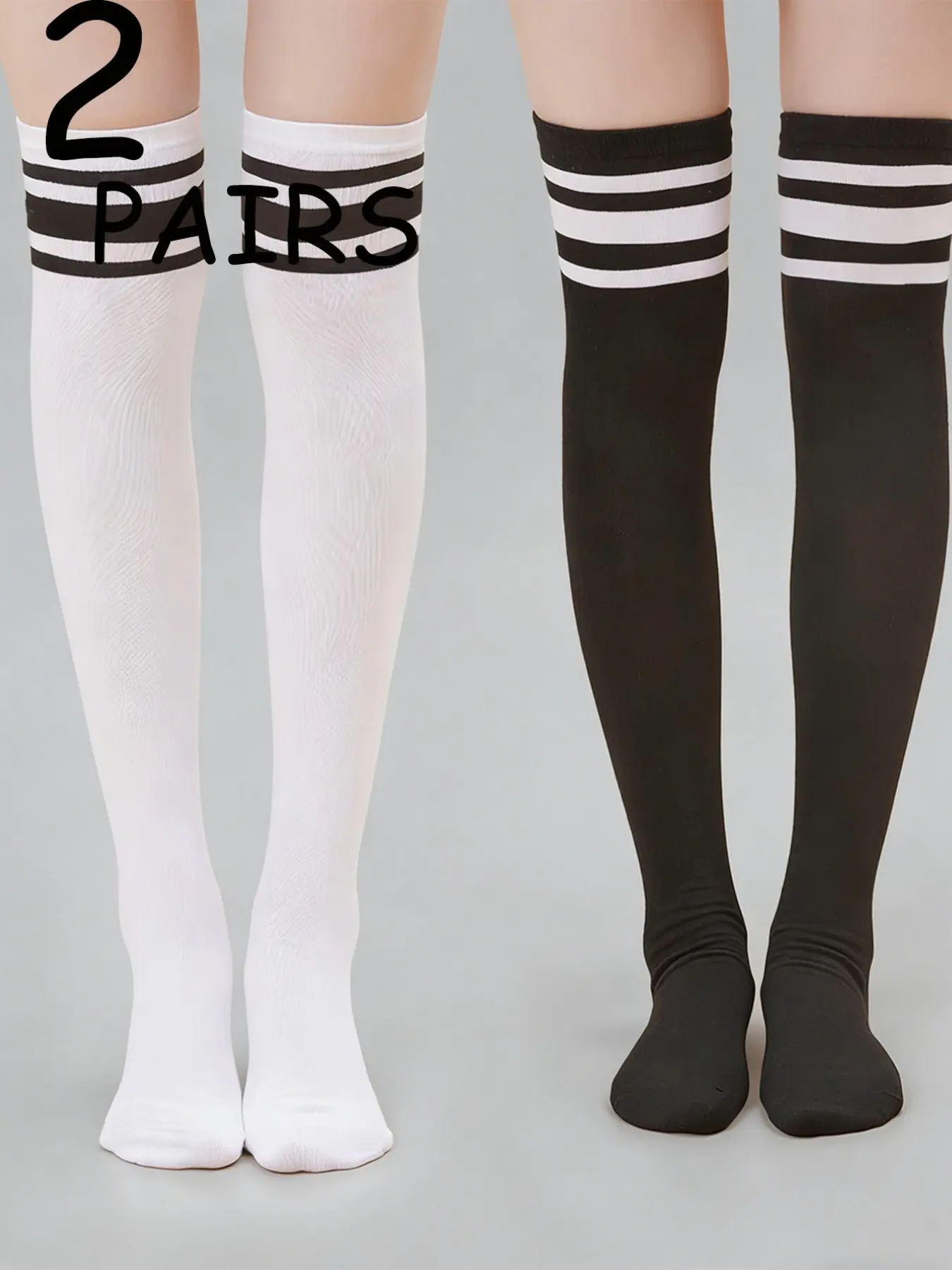2 Pairs Thigh High Socks for Women Girls Striped Over the Knee Socks Stretchy Long Socks for School Cheerleader Cosplay Costume