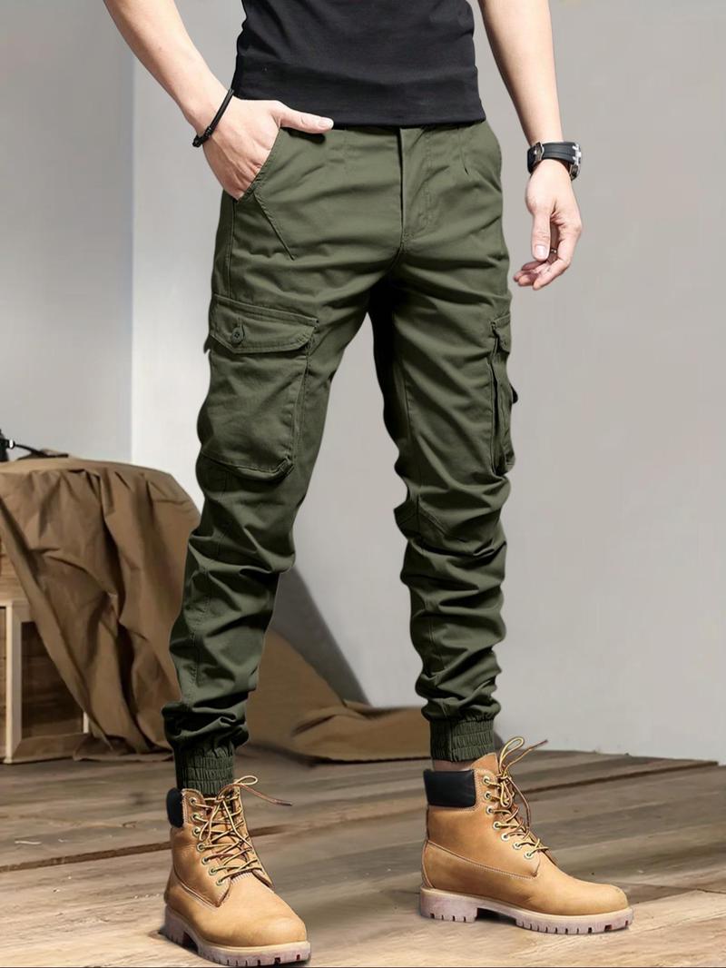 Men's Solid Drawstring Cargo Pants, Loose Casual Slant Pocket Elastic Waist Trousers for Outdoor Wear, Men's Streetwear Bottoms for All Seasons