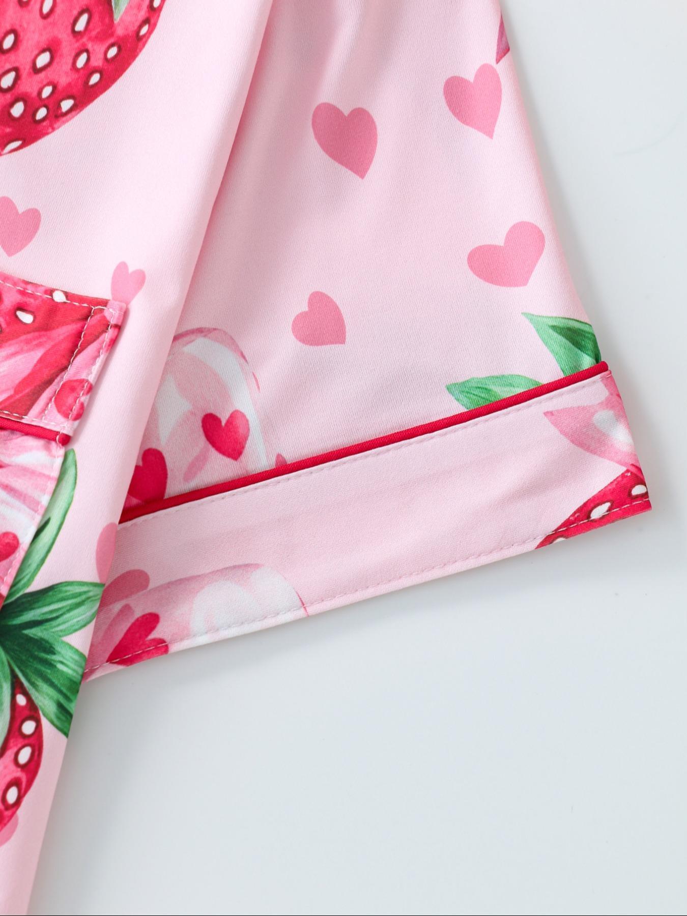 Women's Strawberry & Heart Print Lapel Neck Shirt & Shorts Matching Pyjama Two-piece Set, Ladies Sleepwear for All Seasons, Loungewear, Pajamas