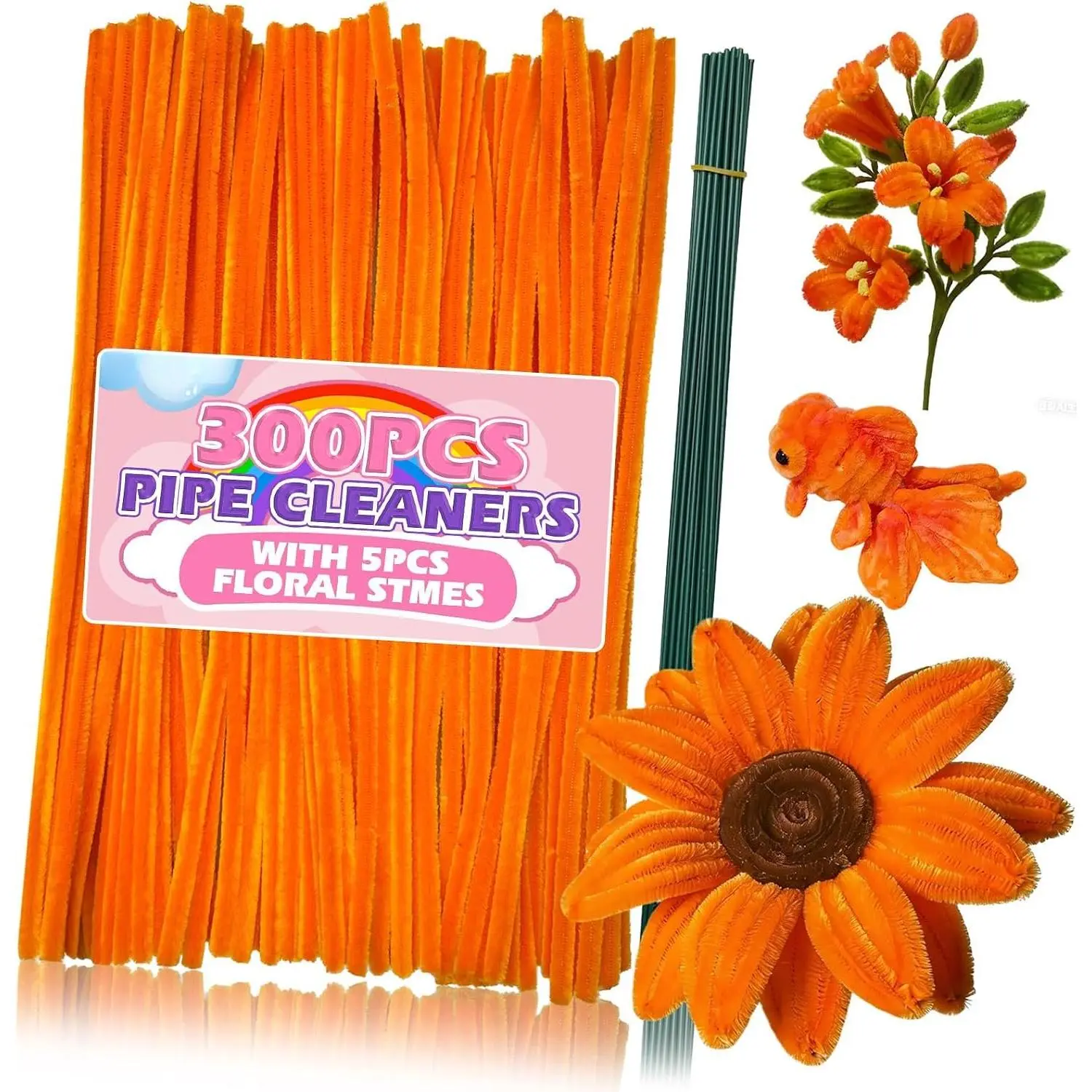 Orange Pipe Cleaners Bulk 300 count Pipe Cleaner Craft Set– 5 Flower Wire Stems, Greeting Card & Tutorial Video Card | DIY Halloween Pumpkin Spider Wreath Fall Decor,  & Adults Arts & Crafts  Kit