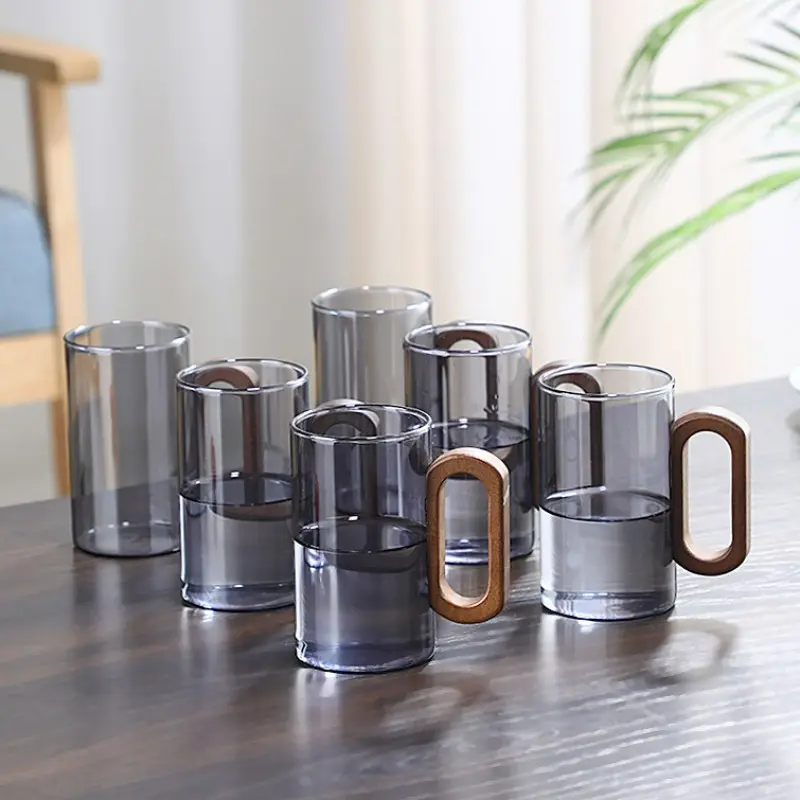 Viral Trending 1/2/4/6 Pcs 300ML Smoke Glass Cups, Heat Resistant, Walnut Handle, BPA Free, Dishwasher Safe, Ideal for Gifts
