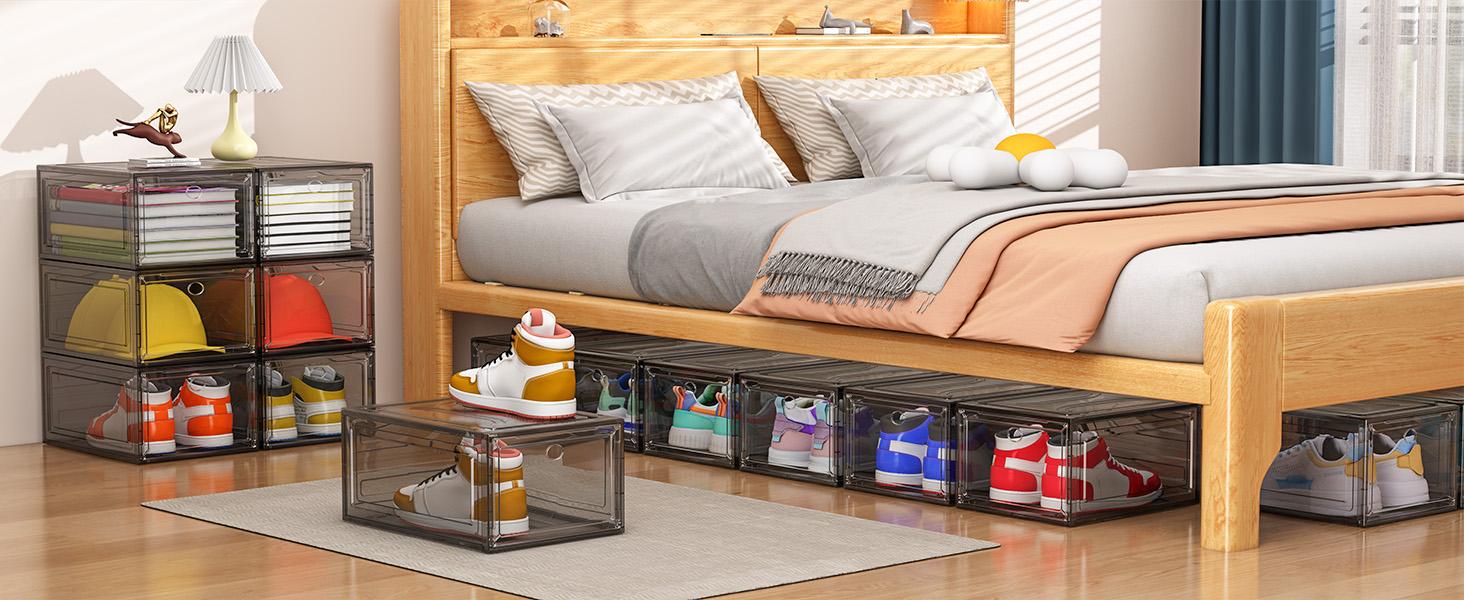7 code Thicken & Sturdy Clear Shoe Storage Organizer with Magnetic Door, Stackable Boxes for Closet, Foldable Shoe Rack for Sneaker Boot Container, Plastic Shoe Cabinet Shoe Box 6 Pack, Black