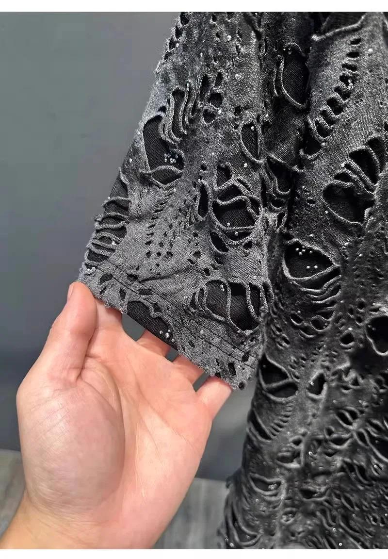 Summer 2026 Trendy Brand Men's T-shirt Loose Casual All-Match Tie-Dye Hole Design round Neck Short Sleeve Breathable