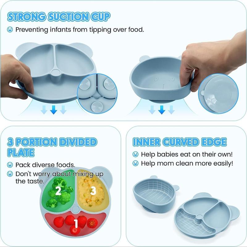 Bear Design Silicone Baby Feeding Set, 11-Piece Baby Dinnerware Set with Bowl, Spoon, Fork, Bib, Straw Cup, Snack Cup and Ice Cube Box, Cutlery Utensil Sets