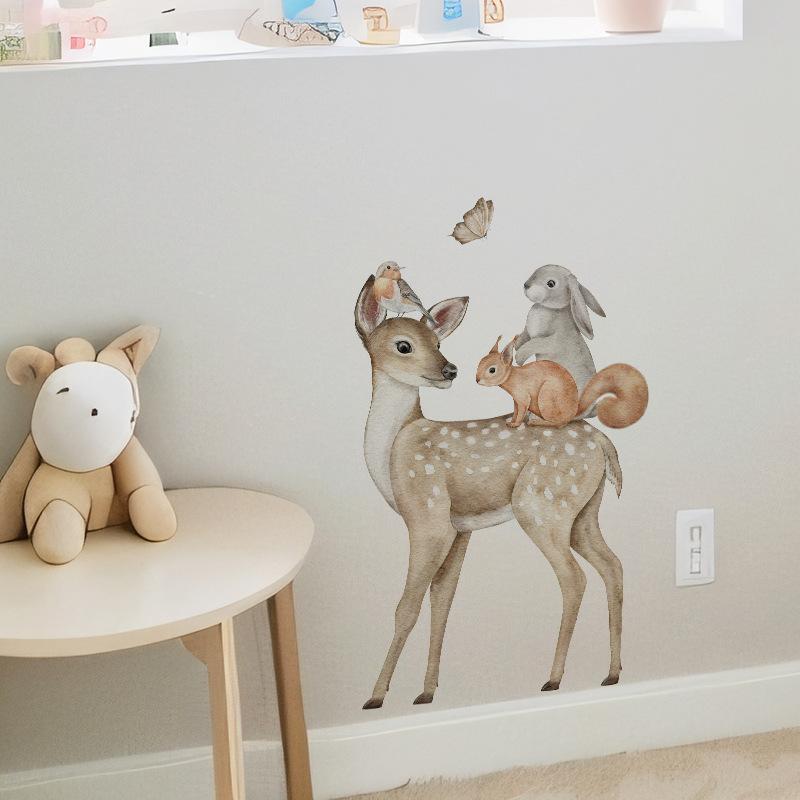 Cartoon Animal Sika Deer Fox Rabbit Children's Room Kindergarten Background Decorative Wall Stickers Room Decoration
