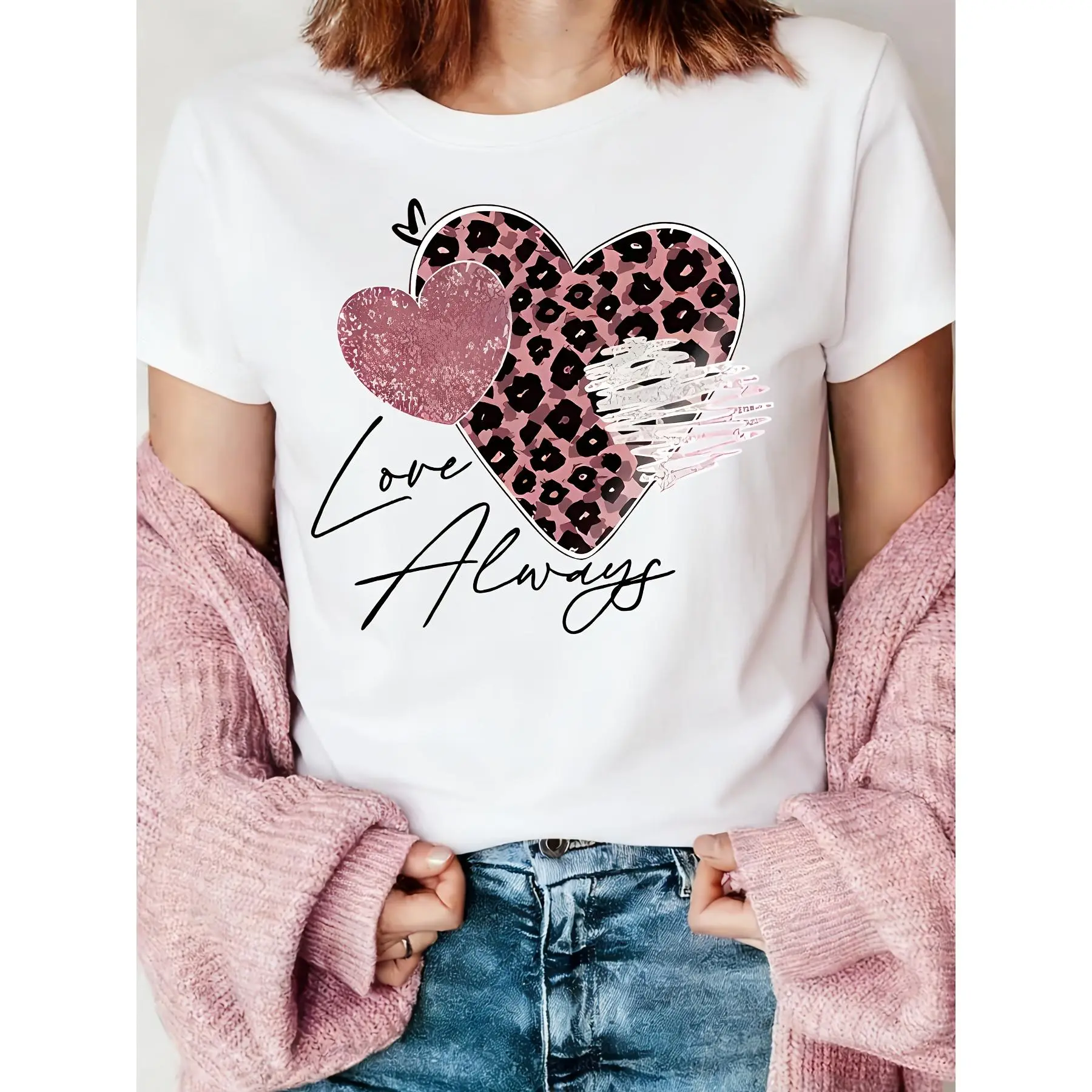 Women's 100% Cotton Standard Round Neck Printed T-Shirt - Leopard Print Heart Graphic, Soft, Breathable Short Sleeve Casual Apparel