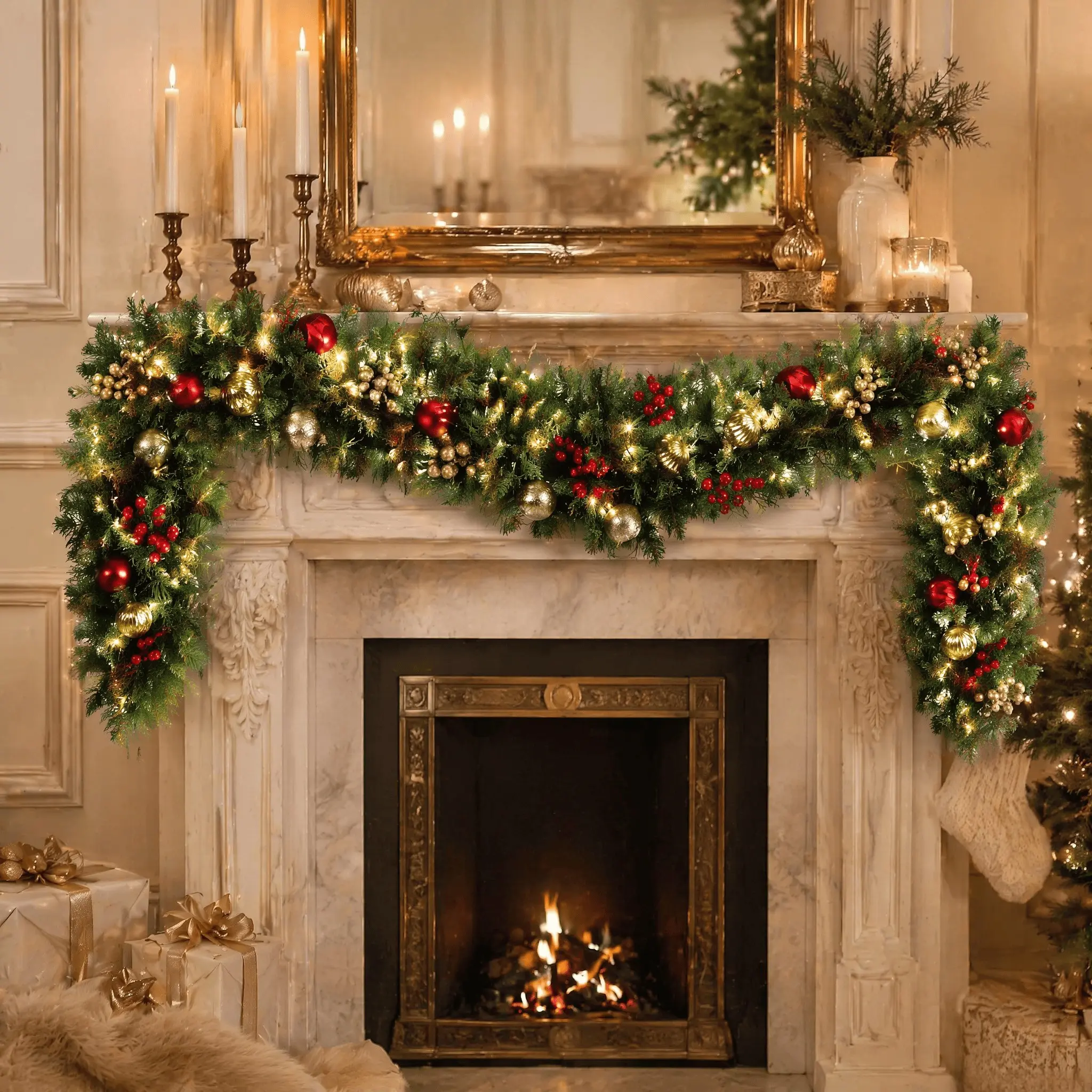 High-Quality Large Christmas Wicker, Balls, Fake Pine Branches, Fireplace Stair Decor, Indoor Outdoor Holiday Party Decoration