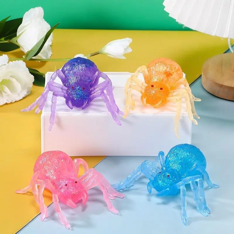 4 Pack Slow Rebound Spider Squeeze Toys in Pink, Purple, Blue and Yellow, Soft to Squish for Stress Relief, Perfect as Desk Decorations, Suitable for Personal Use and Gifting