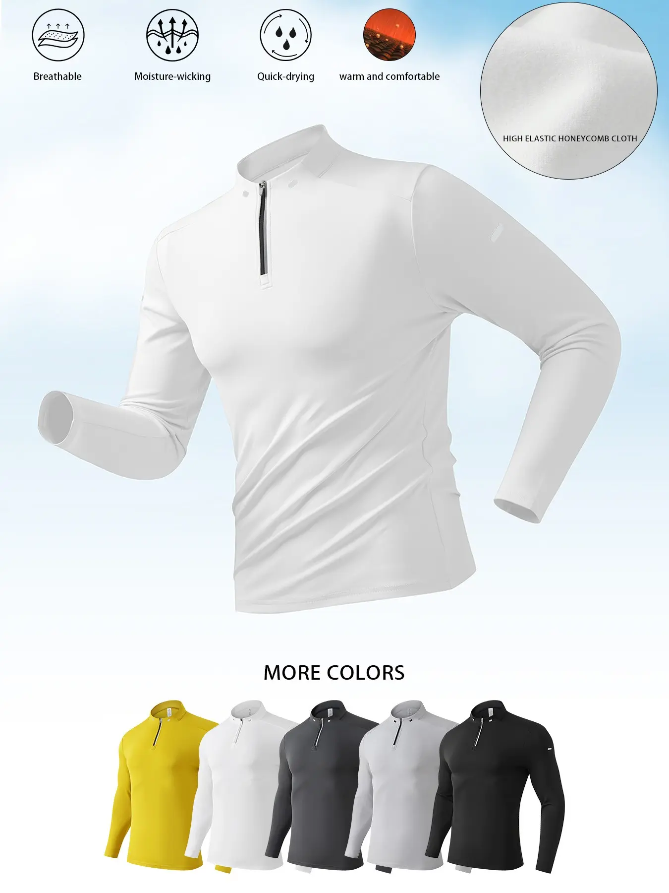 Men's Quarter Zip Running Shirt Moisture Wicking Quick Dry Athletic Baselayer | High Elastic Honeycomb Cloth Thermal Workout Top for Outdoor Hiking & Gym