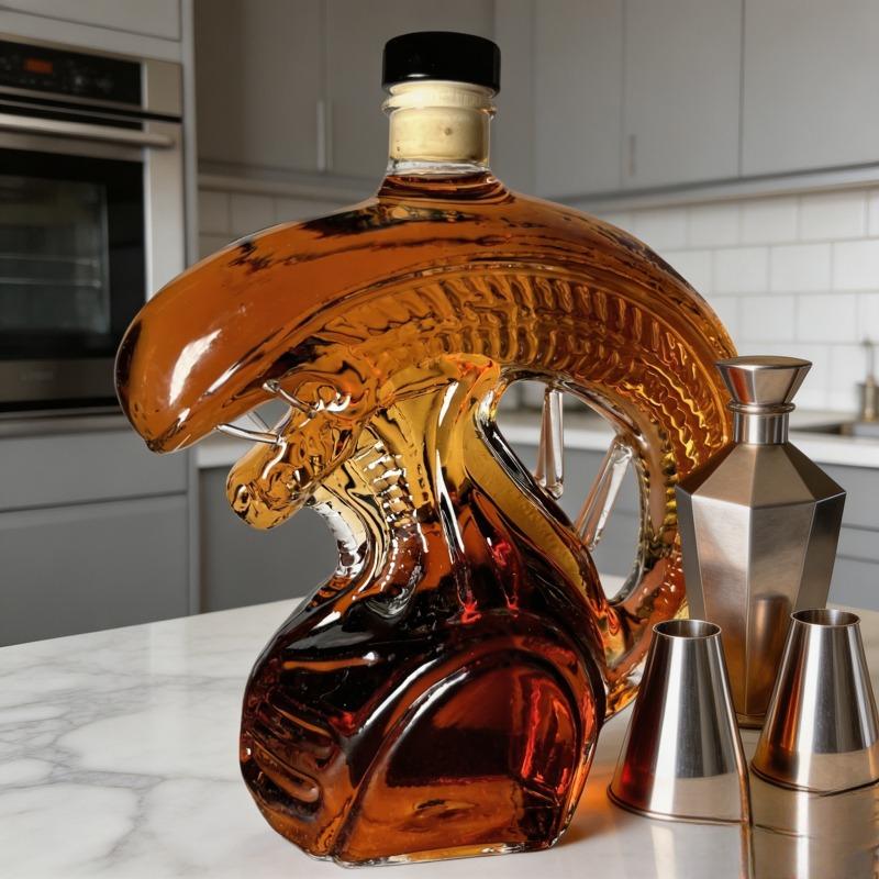 The Monster Decanter—an alien-themed glass decanter inspired by classic movie monsters. An exceptional collectible, it seamlessly combines the practical function of holding spirits with the decorative aesthetic of a creative display piece. (Glass)