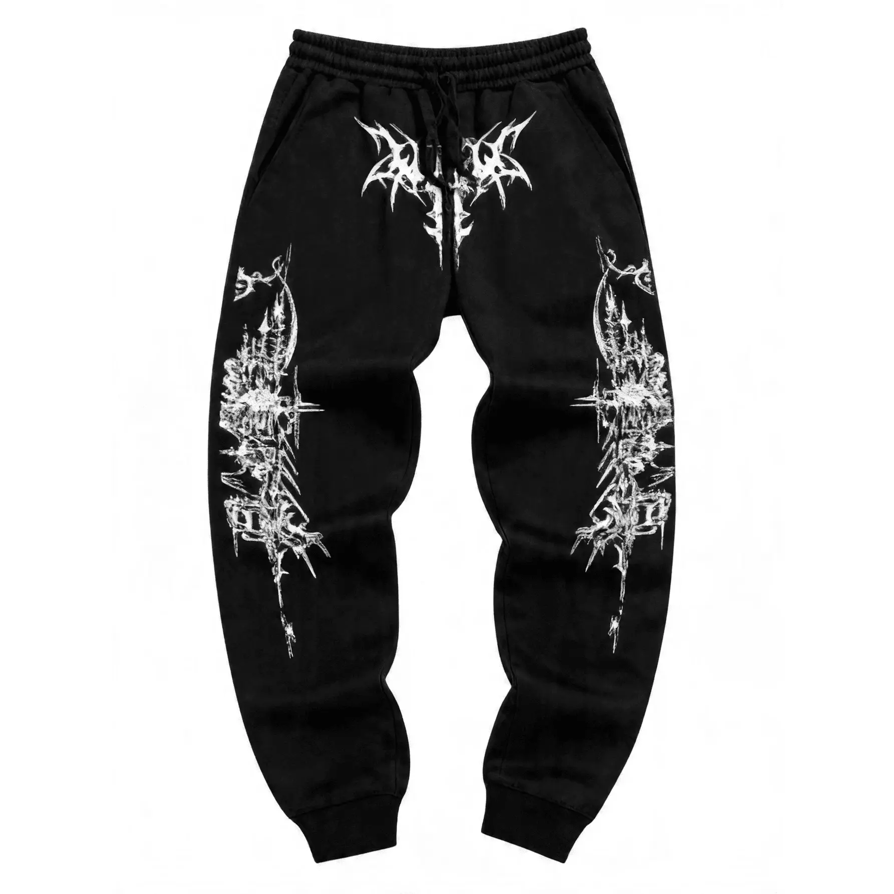 Men's and women's gothic metallic pattern sweatpants, punk dark street style drawstring jogging pants