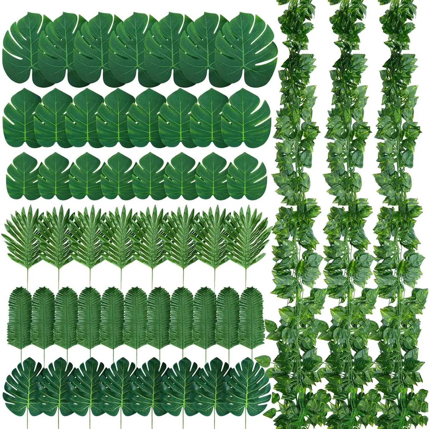 84 Pcs Total 165.35 ft Jungle Theme Party Decoration, Tropical and Monstera Palm Leaves, 2026 Artificial Ivy Rattan Vines, Fake Greenery Faux Leaves for Baby Shower Safari Party Decoration Set