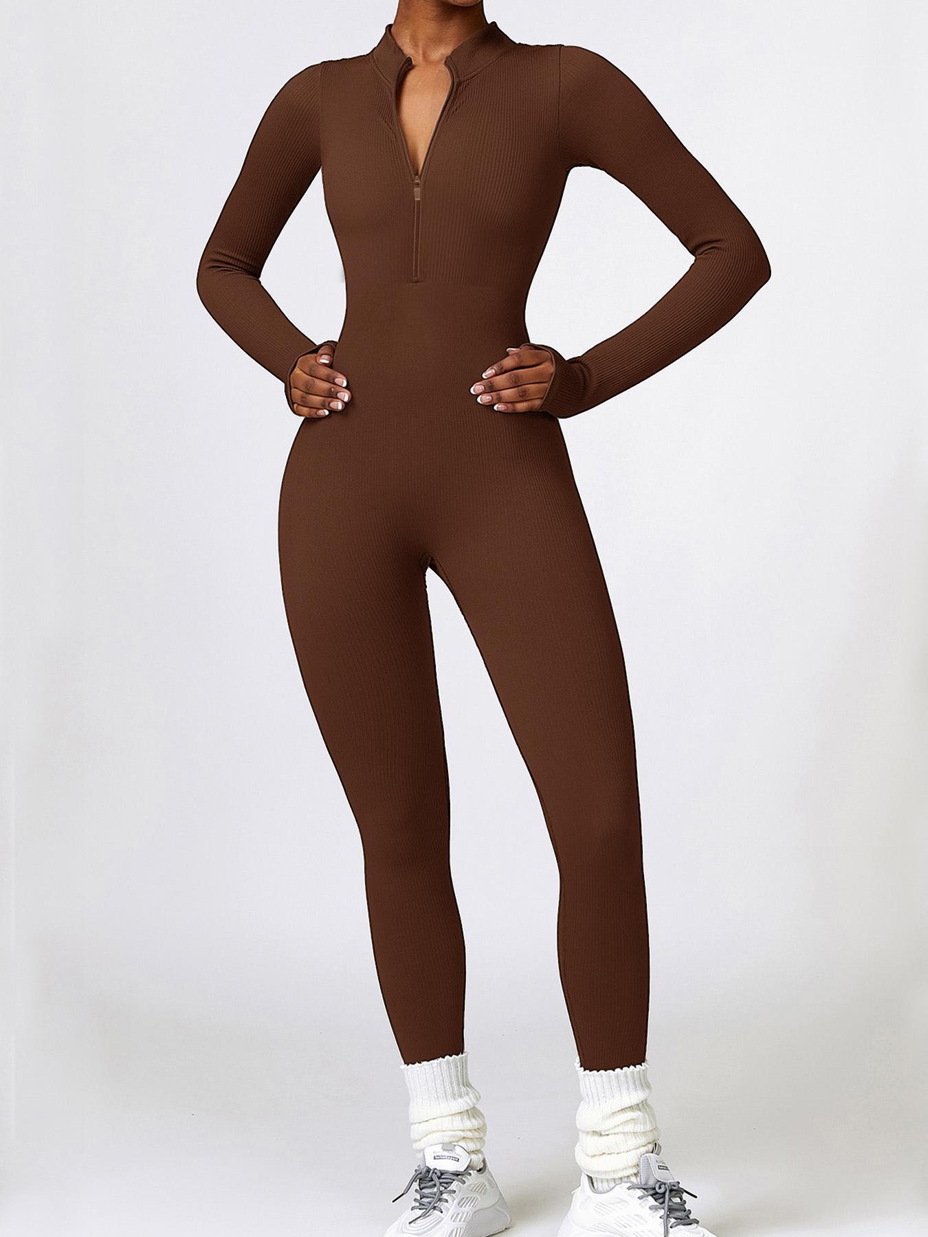 Women's Solid Zip Up Stand Collar Sports Jumpsuit, Fitness Long Sleeve Seamless Jumpsuit for Yoga Gym Workout, Holiday Outfits, Ladies' Sport Clothes Clothing, Tummy Control