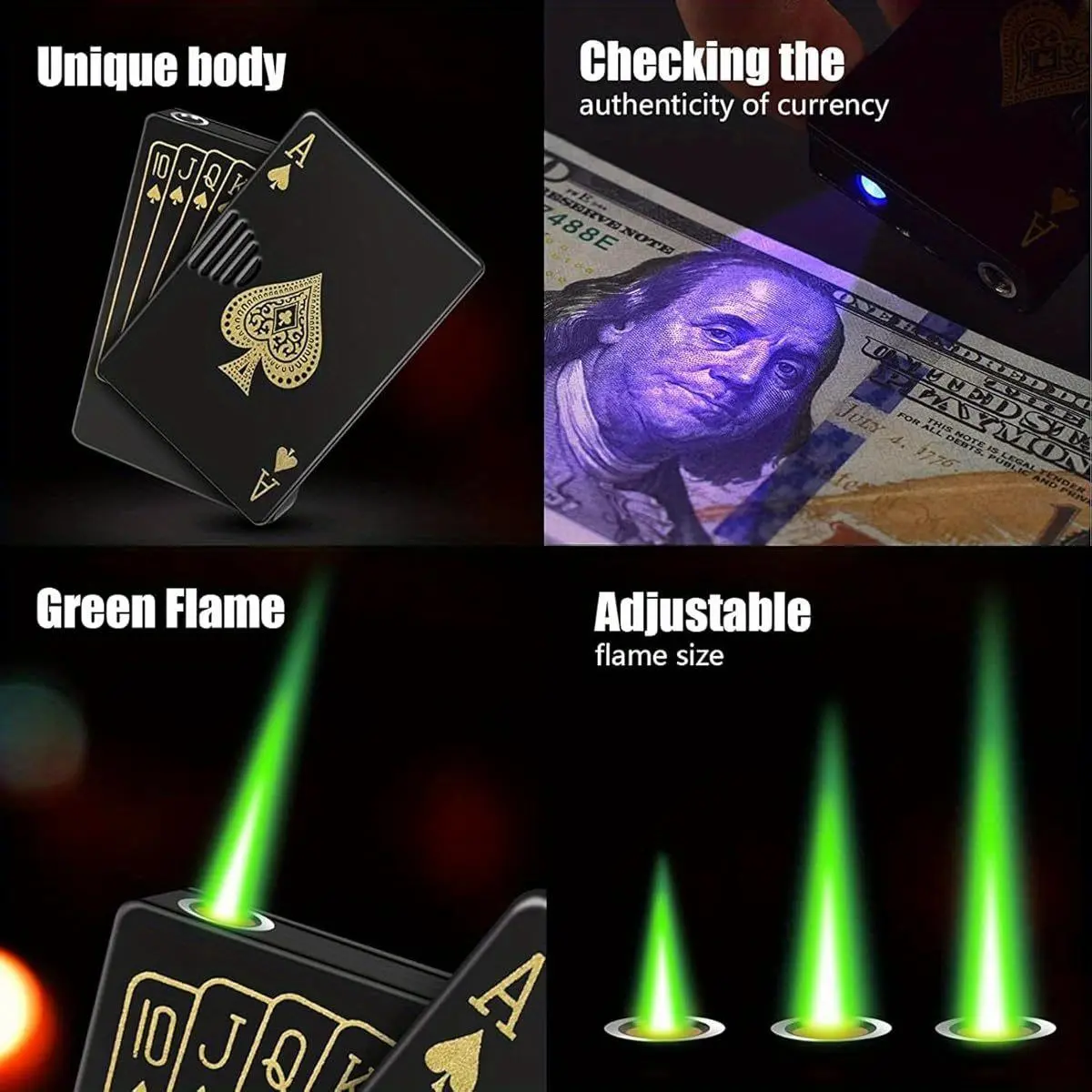 Refillable Windproof Poker Design Butane Torch Lighter - Ace Card Shape, Green & Red Flames, No Fuel Included, for Camping, Birthday Use (Sports & Outdoor Camping & Hiking Fire Starter), Butane Torch Lighter Without Fuel, Green Flame