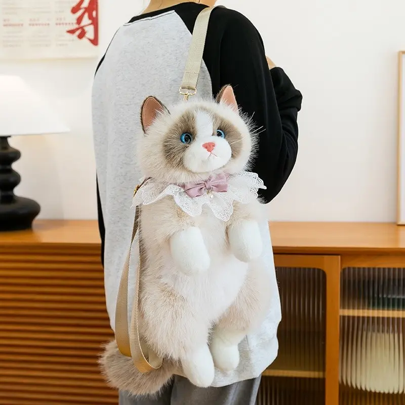 Plush Cat Backpack Doll, Large Capacity Plush Toy Bag, Cute Stuffed Animal Shoulder Bag, Daypacks, Soft Toy Gift for Girlfriend