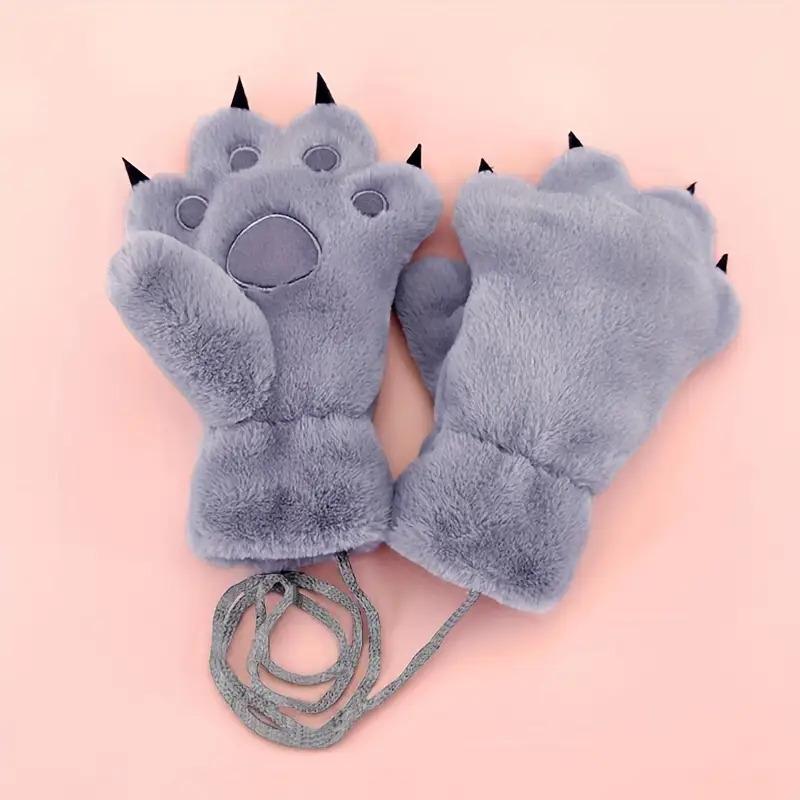 1 Pair Girls' Winter Plush Bear Paw Gloves - Cute Cartoon Bear Face with Expressive Eyes & Nose, Thick Warm Fleece-Lined Hand Warmers for Old