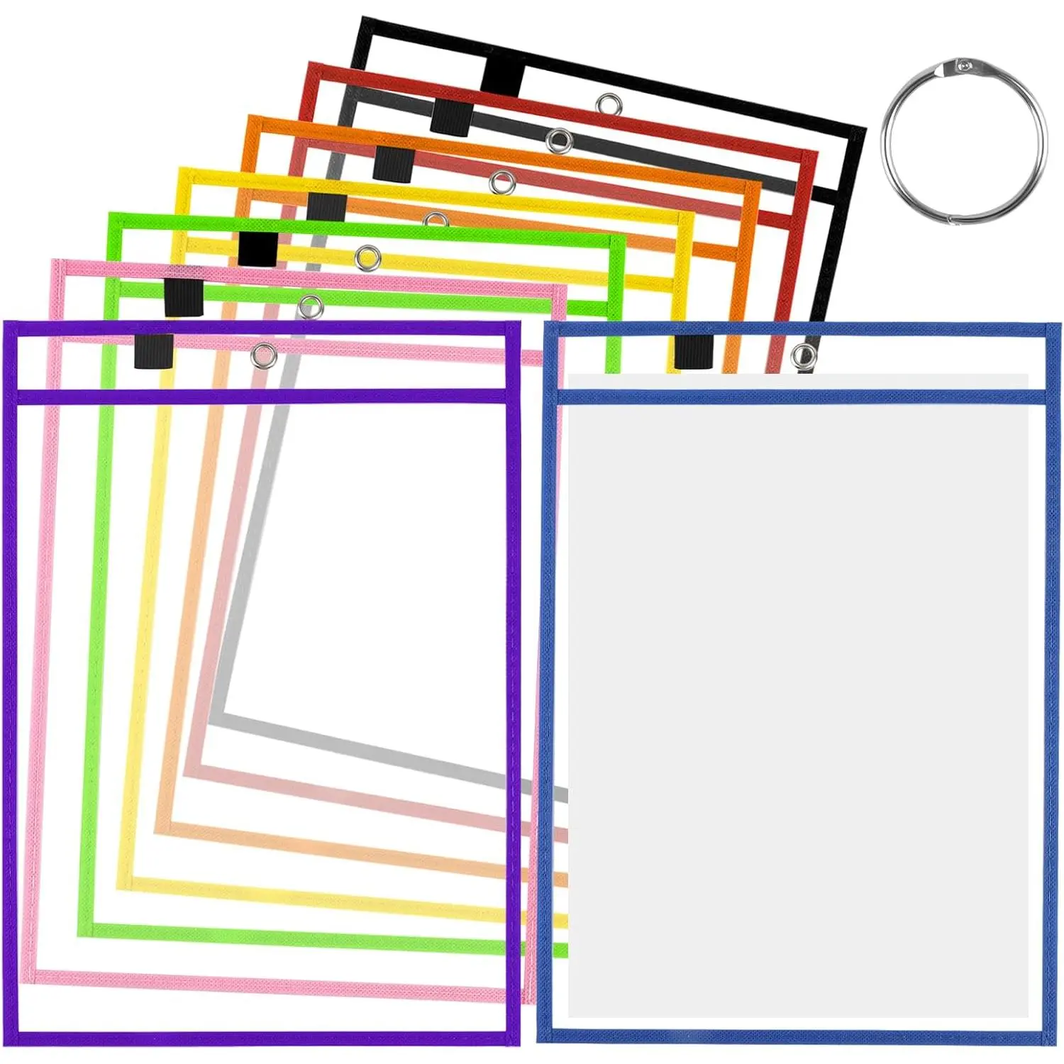 8 Pack Dry Erase Pocket Sleeves, 13.5x10 Inch Clear Plastic Paper Sleeves, Heavy Duty Ticket Holder Pockets,  Sheet Protectors, Teaching Supplies for Classroom Elementary, with 1 Ring