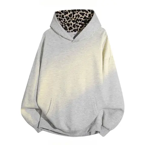 Men's Vintage Aesthetic Casual Longsleeves Pullover Hoodie - American Male Clothing, Leopard Print Hood Lining, Kangaroo Pocket, Drop Shoulder, Autumn & Winter Daily Streetwear Top#sohochic
