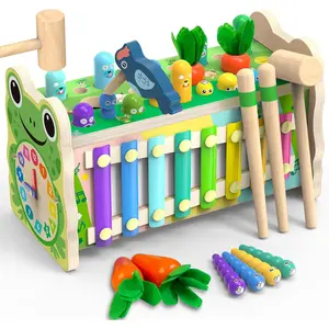 6-IN-1 Wooden Montessori Toys for 1 Year Old, Mole-Tapping Game | Play the Xylophone | Frog Clock | Carrot Harvest Game | Spinning Gear, Toddler Toys Aged 1-3, Baby Toy Gift for Early Learningfidget toys