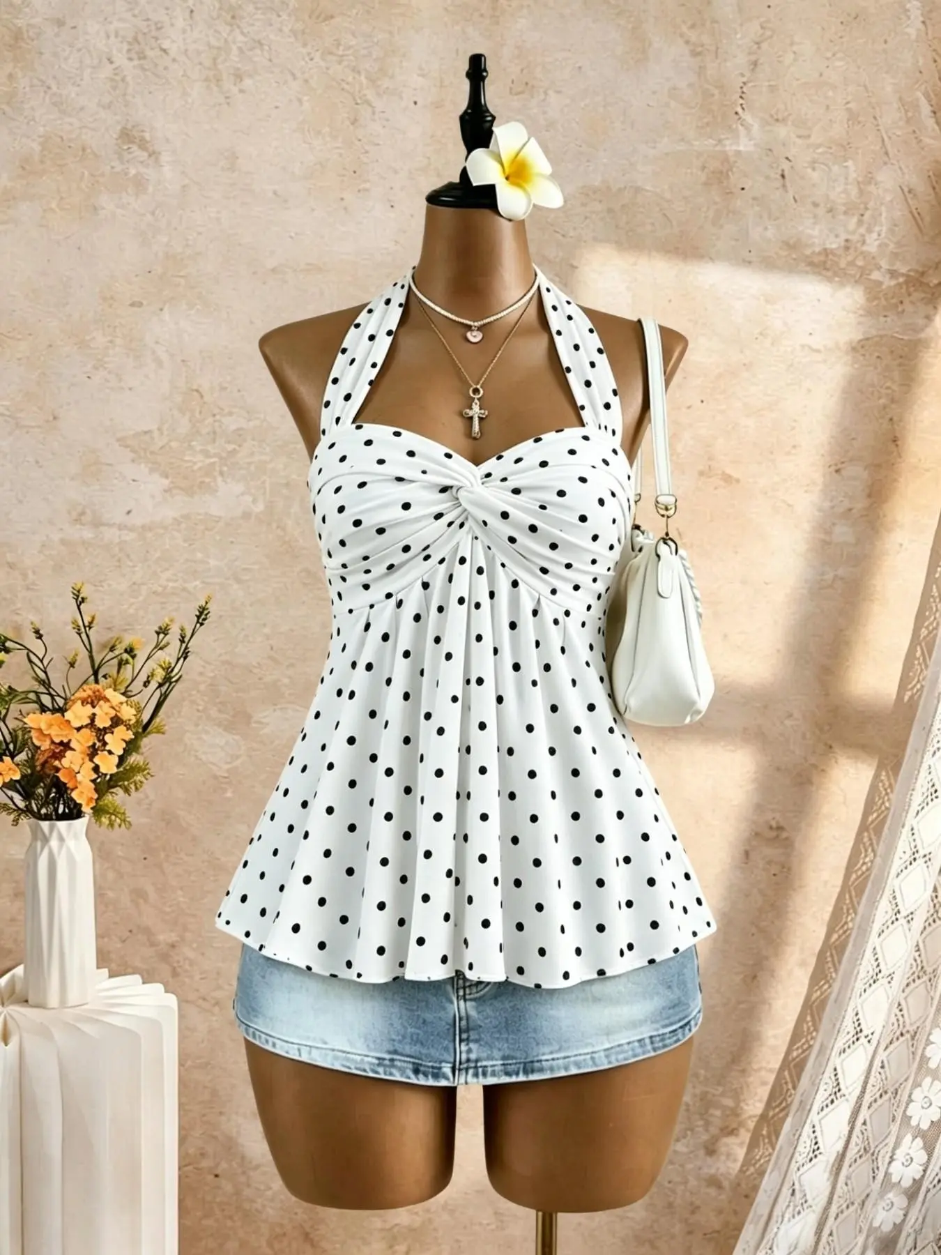 Summer Pure Color Halter Neck Knot Pleated Ruffled Back Vest, Waist Cinch Slimming Vacation Women's Sleeveless Top, Elegant and Chic Design