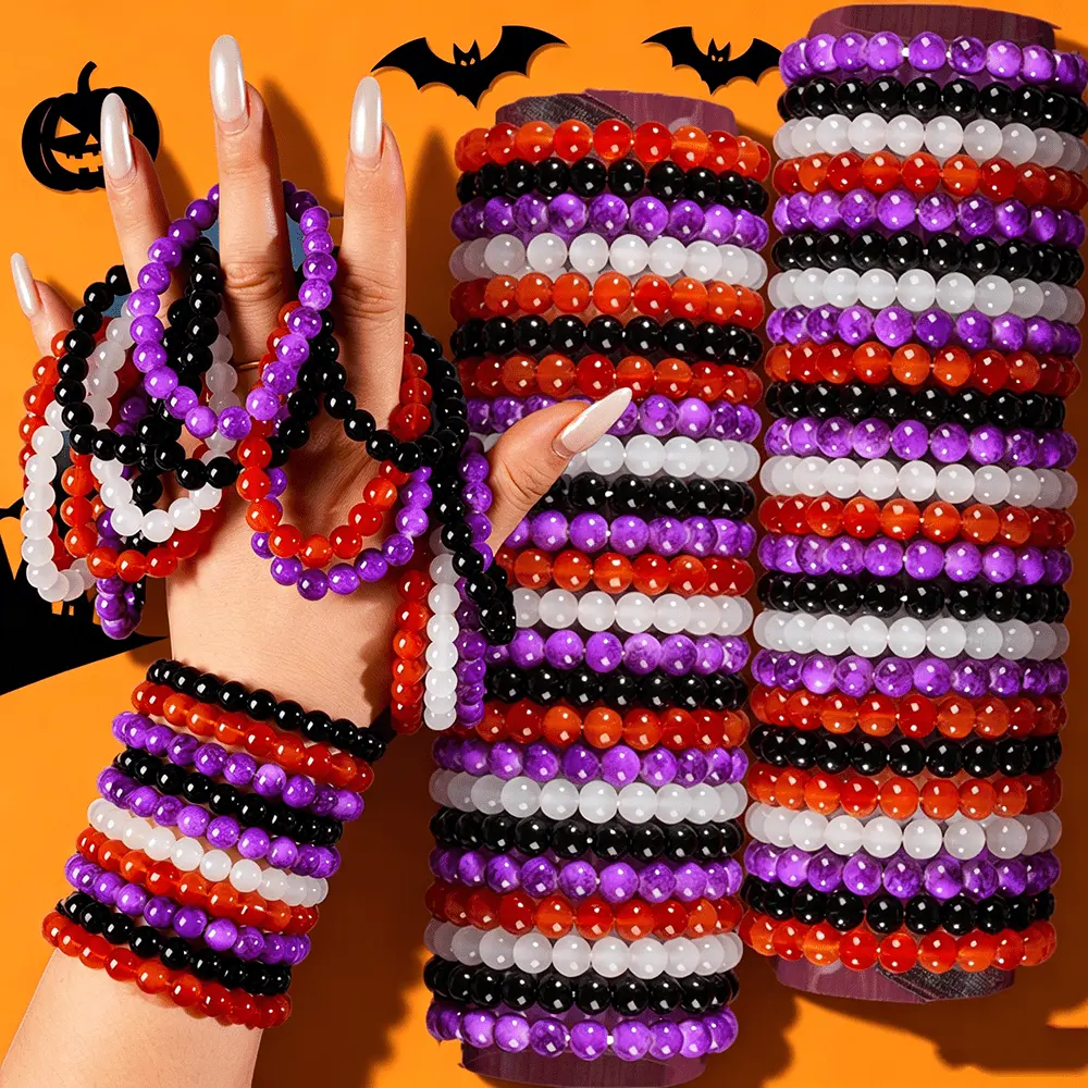 10/20Pcs Women's Boho Glass Bead Bracelet Set - Orange, Purple, White & Red Suitable for Halloween Party Day Gifts, Festive Supplies, Daily Wear for Events & Themed