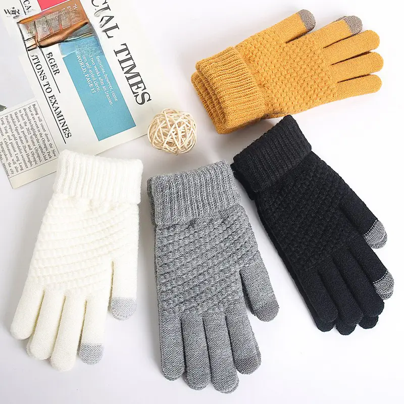 Women Winter Waffle Knit Touch Screen Gloves, Warm Thermal Texting Gloves with Elastic Cuff, Two Styles Classic Knit & Fleece Lined Cuff Cold Weather Gloves for Driving Walking Cycling, One Size, Black Gray White Ginger Yellow Available