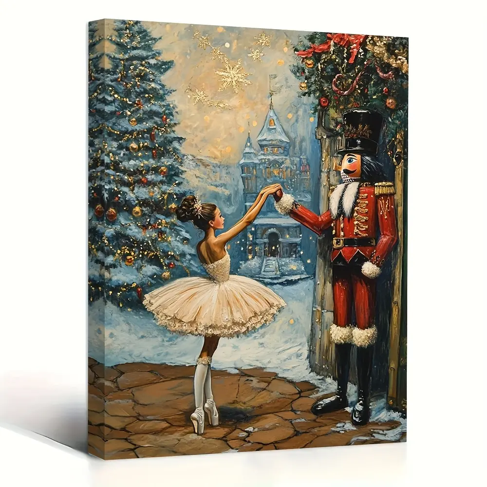 1-Piece Wooden Framed 2D Flat Decorative Painting - Christmas Nutcracker & Ballerina Themed Ready-to-Hang Posters & Prints (11.8in x 15.7in) with Juneteenth, Canada Day, Houndstooth, Marble, Herringbone Accents for Bedrooms, Farmhouses, Wrinkle Resistant,