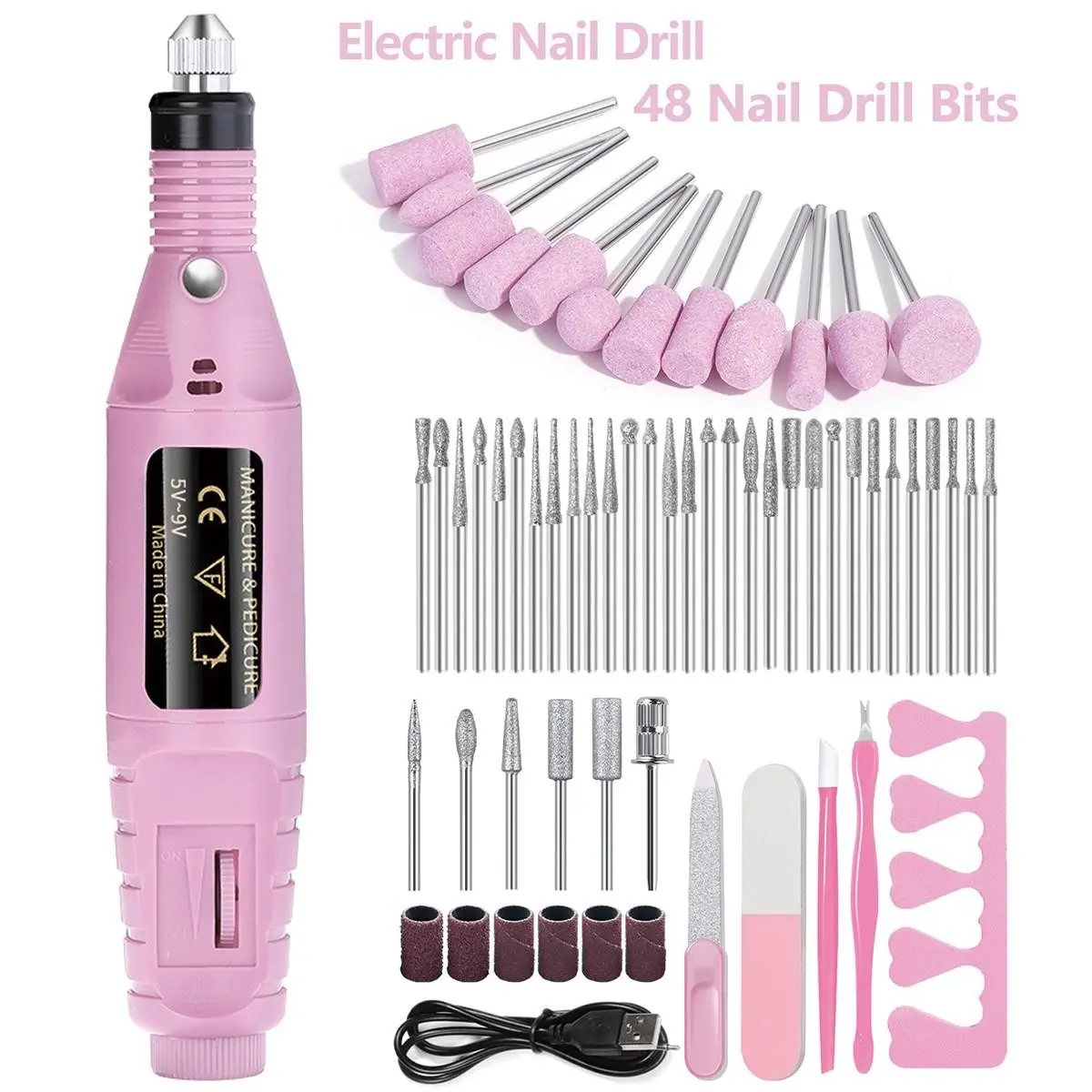 Portable USB Electric Nail Drill Machine Pink Nail File E-file with 48Pcs Multi-function Nail Drill Bits Adjustable Speed Nail Polishing Kit for Gel Acrylic Nails Removing Trimming Polishing DIY Home Salon Manicure Pedicure Nail Art Tools