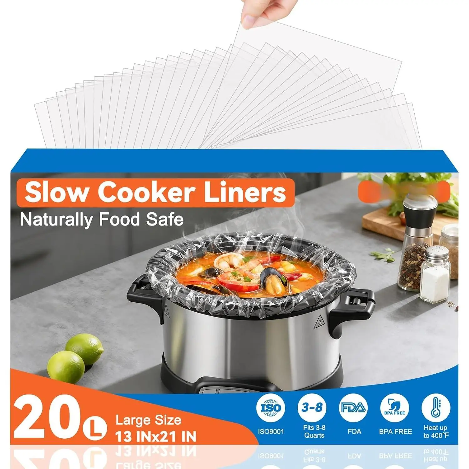 20 Pack Slow Cooker Liners,Large Size Thickened FDA-Compliant &  13"x21"Disposable Cooking Bags, 400°F Heat-Resistant Leak-Proof Fit 3-8 Quart Oval & Round Pots