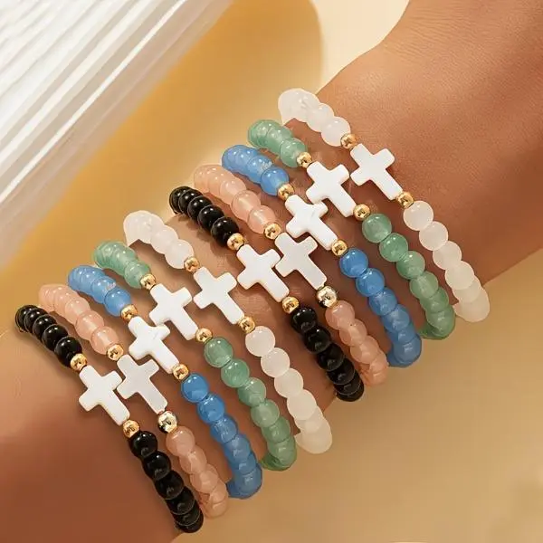 Women's 15-Piece Stackable Glass Bracelets & Bangles - Multicolor Religious-Themed Cross Decorative Fashion Accessory, Unisex Gift for Family & Friends, Daily Wear, Religious-Themed Bracelets & Bangles
