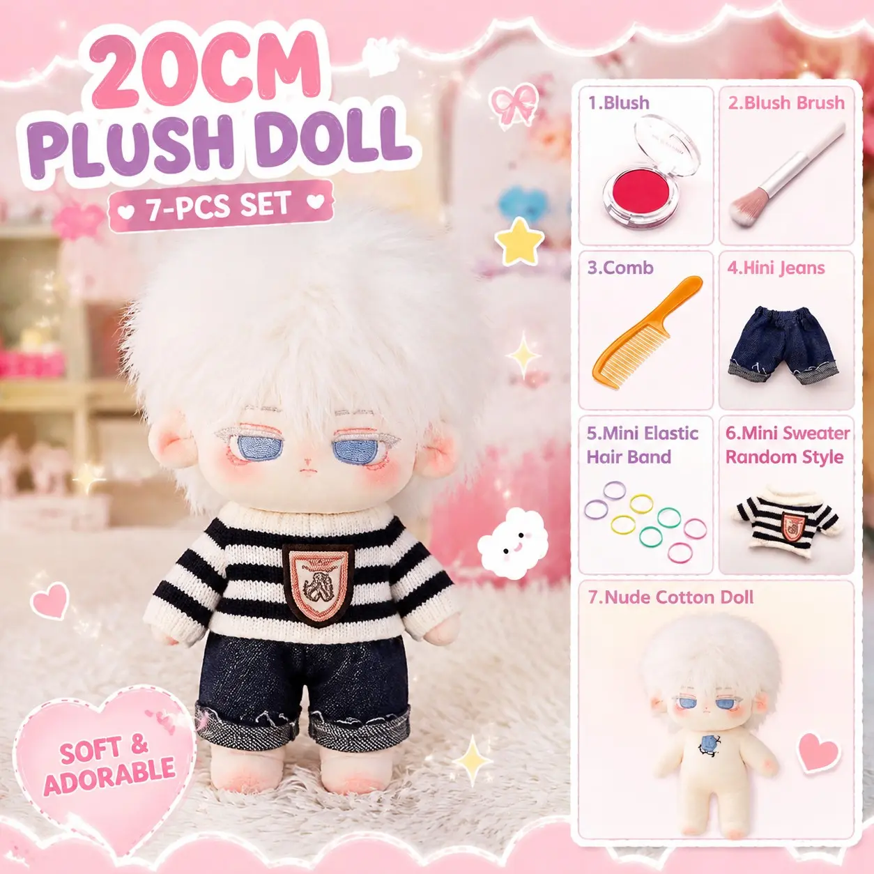 1count, 20cm/7.87in plush doll portable set for going out, including a boy wearing a sweater suit, a storage bag with a keychain, and a set of doll beauty tools. It can cultivate children's love and serve as a gift for Children's Day, Christmas, and birth