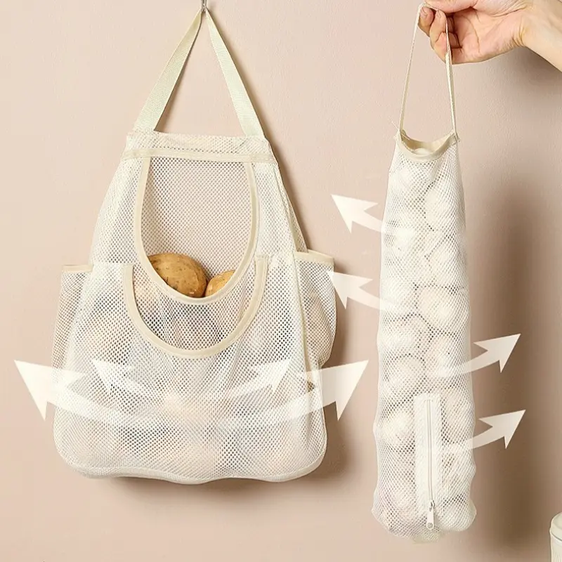 Large Capacity Breathable Mesh Hanging Storage Bag for Kitchen, Wall Mount Mesh Organizer Holder for Plastic Grocery Bags & Trash Bags