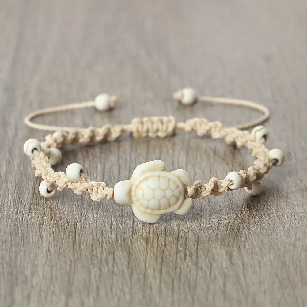 1Pc Dopamine Style Sea Turtle Bracelet - Woven Wax Cord Waterproof Strand Jewelry Suitable For Beach Vacation Wear