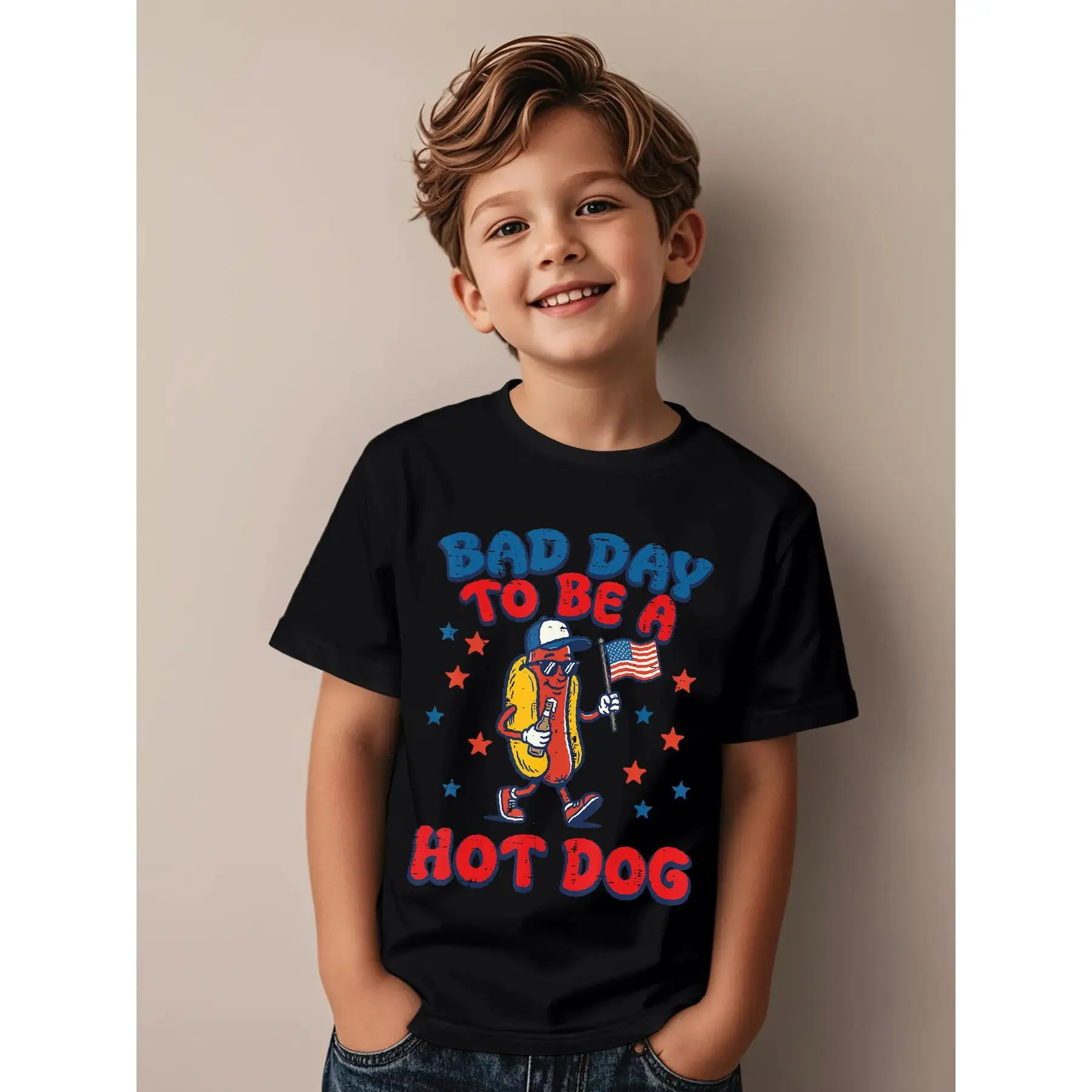 Bad Day to Be Hotdog US Flag Funny 4th of July Funny Aesthetic Graphic Kid T-Shirt Cute Kid T Shirts Streetwear Tees Tops for Kid